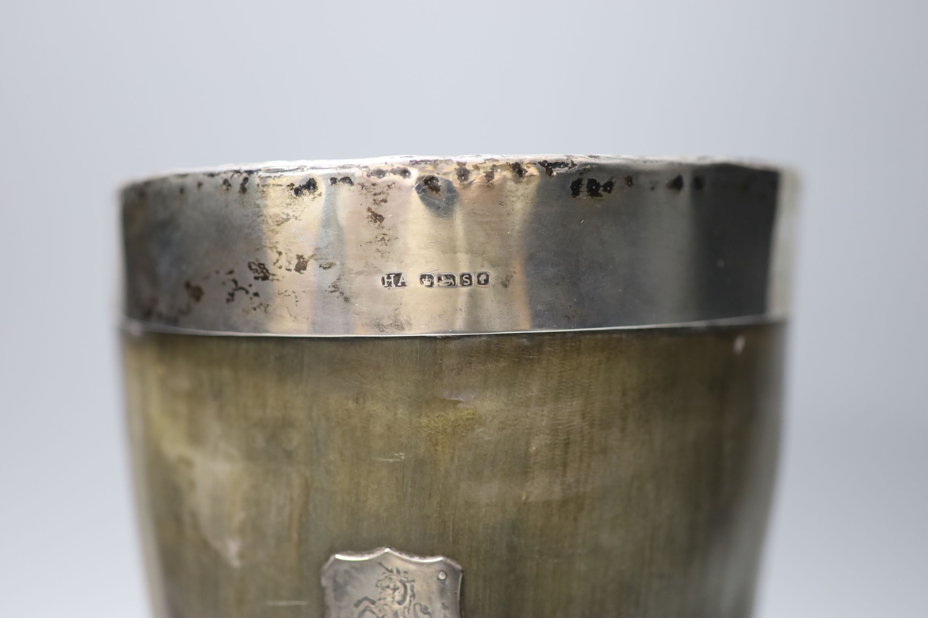 A Victorian oversized silver mounted horn beaker 21.5cm, Atkin Brothers, Sheffield, 1885.